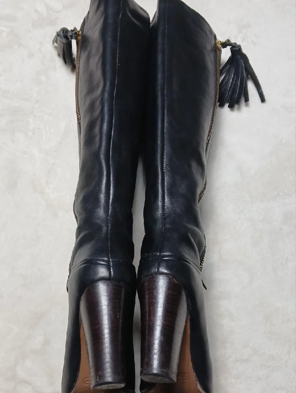 Coach Black Leather Mid-Calf Tassel Zip Boots Size 7.5